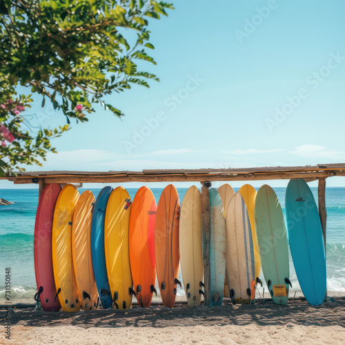 Set of colorful surfboard for rent on the beach. Multicolored surf boards different sizes and colors surfing boards on stand, surfboards rental place