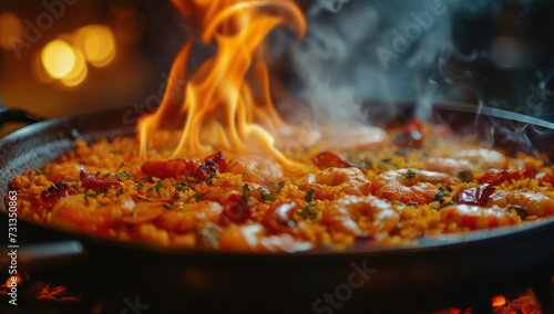 rice with seafood, shrimp and seafood on fire