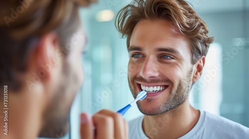 A handsome young man brushes his teeth and looks smiling at his reflection in the mirror