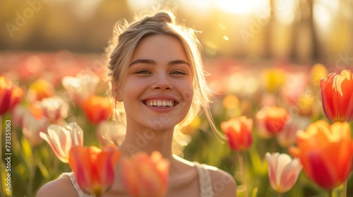 A joyful woman amidst vibrant tulips, her smile radiating warmth under the spring sun