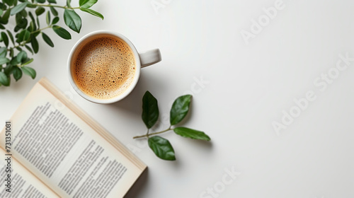 A minimalist depiction of an open book and a cup of coffee on a white background