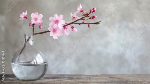 A clear glass vase holding a single cherry blossom branch, epitomizing spring...