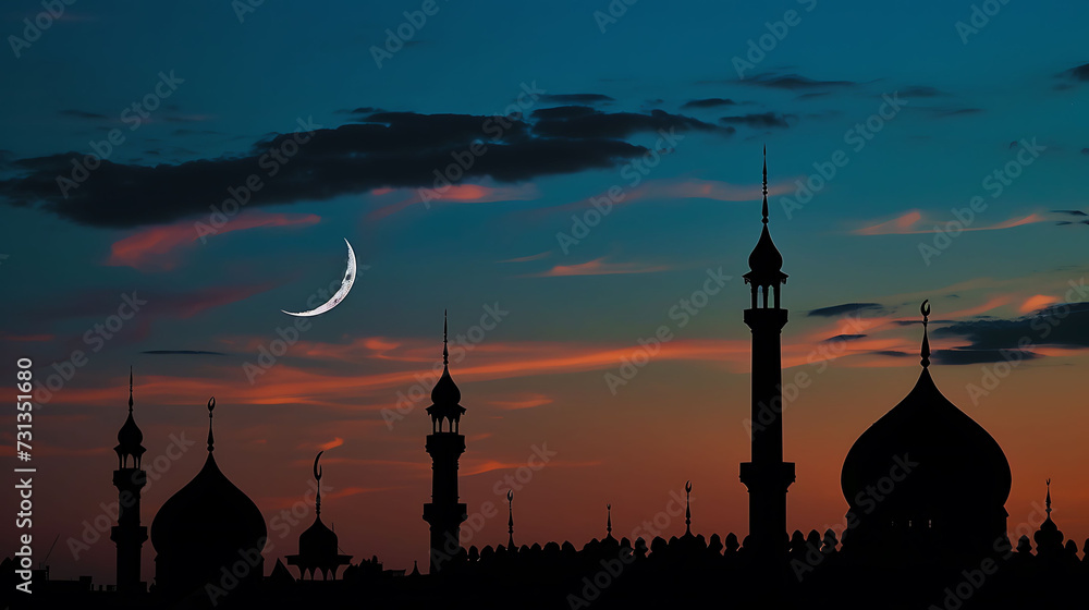 Mosques on dusk sky twilight and crescent moon, religion of Islamic