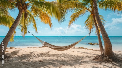A serene beach scene with a hammock between palms © olegganko