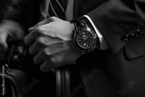 man in a suit and tie holding a briefcase and looking at his watch, in the style of business, professional, confident