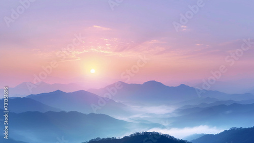 The sun over a majestic mountain blue range. Misty nature background.