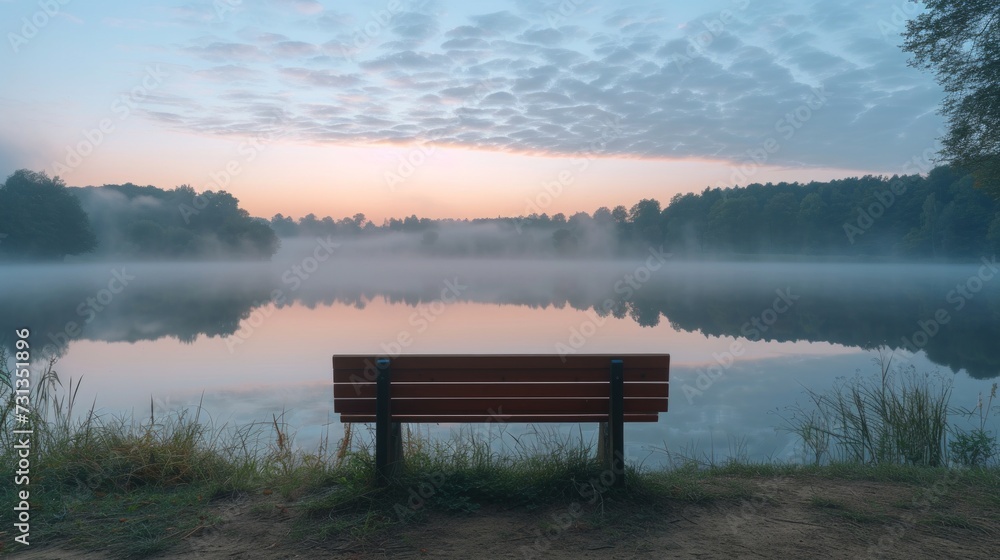 a bench overlooking a fog-covered lake at dawn, embodying Labor Day's quiet reflection