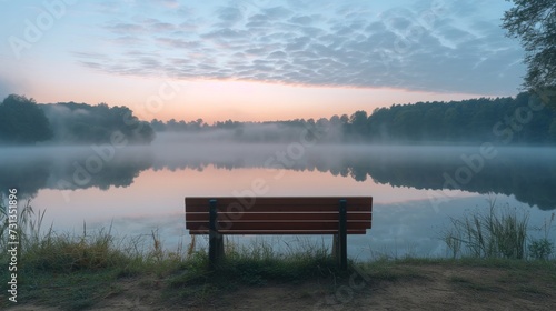 a bench overlooking a fog-covered lake at dawn, embodying Labor Day's quiet r...