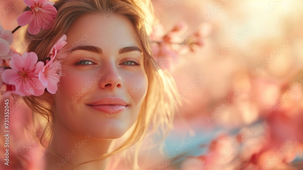 A radiant smile adorns her face as she basks in the glow of spring's splendor. A radiant smile adorns her face as she basks in the glow of spring's splendor.