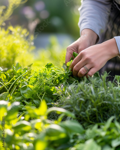 Harvesting fresh herbs from a flourishing kitchen garden, bringing the flavors of April to culinary endeavors