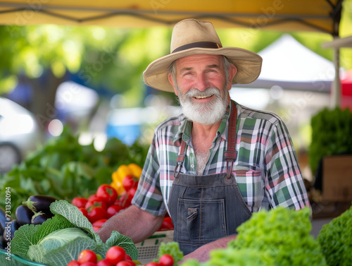A local farmer proudly selling fresh produce at a farmers' market, highlighting the connection between farmers and consumers