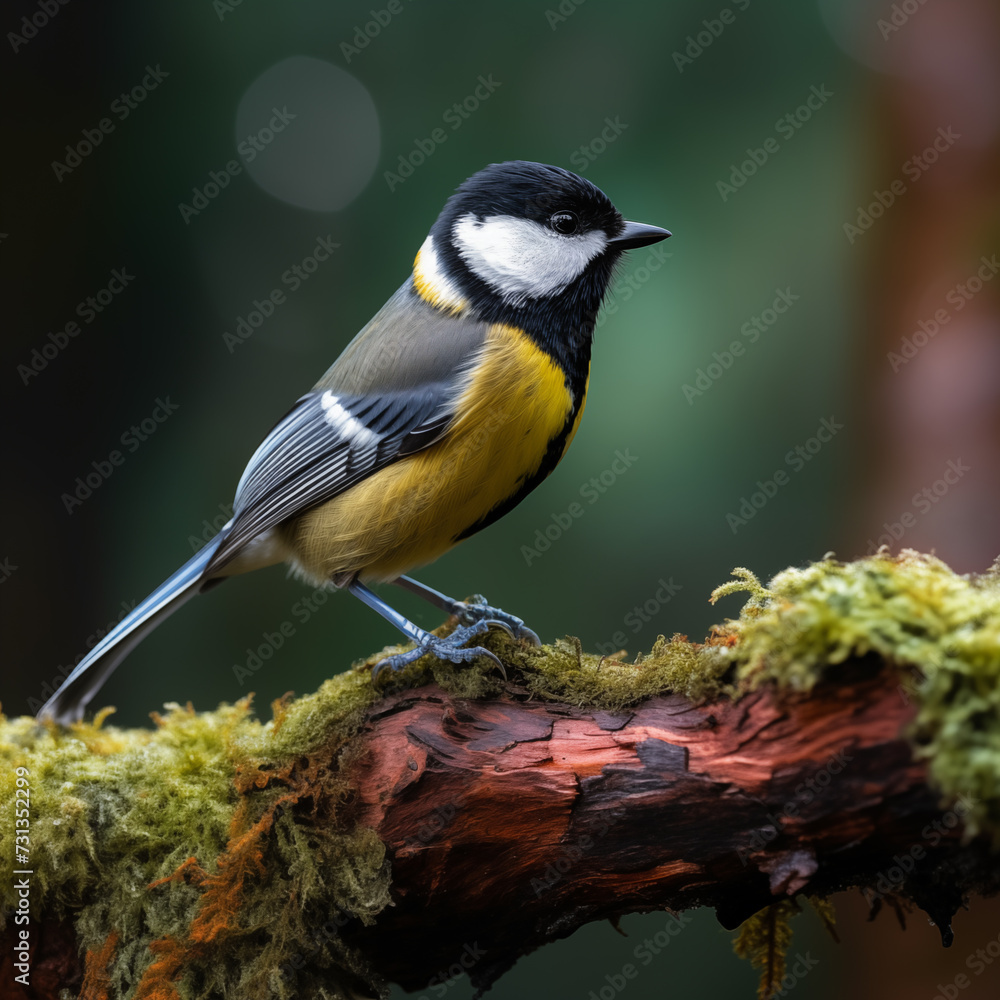 Obraz premium A Great Tit showcases its vibrant yellow belly and distinctive black head while standing on a moss-laden branch.