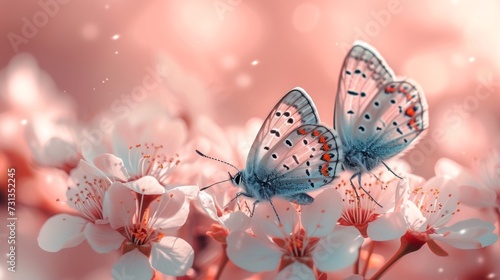 A pair of dainty butterflies dancing amidst tender blossoms. large copyspace ...