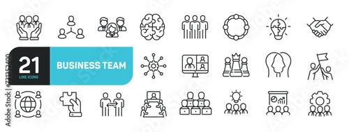 Set of line icons related to business team, teamwork, success, management. Outline icons collection. Editable stroke. Vector illustration.