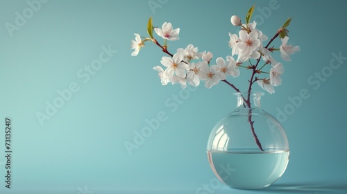 A clear glass vase holding a single cherry blossom branch, epitomizing spring...