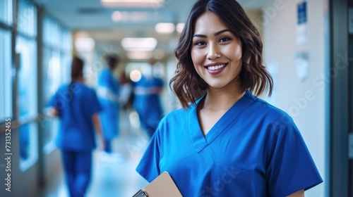 Radiant Young Nurse with a Friendly Smile, Clutching a Clipboard in a Lively Hospital Corridor.