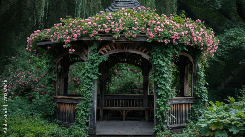 A charming gazebo adorned with cascading ivy and delicate roses A charming gazebo adorned with cascading ivy and delicate roses