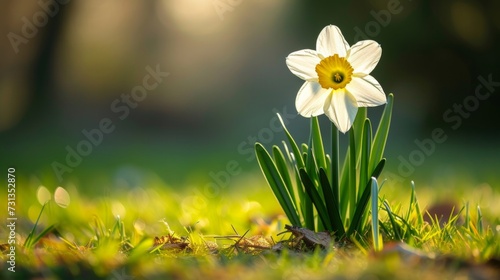 Fototapeta Naklejka Na Ścianę i Meble -  A single daffodil gracefully illuminated by morning sunlight. large copyspace area