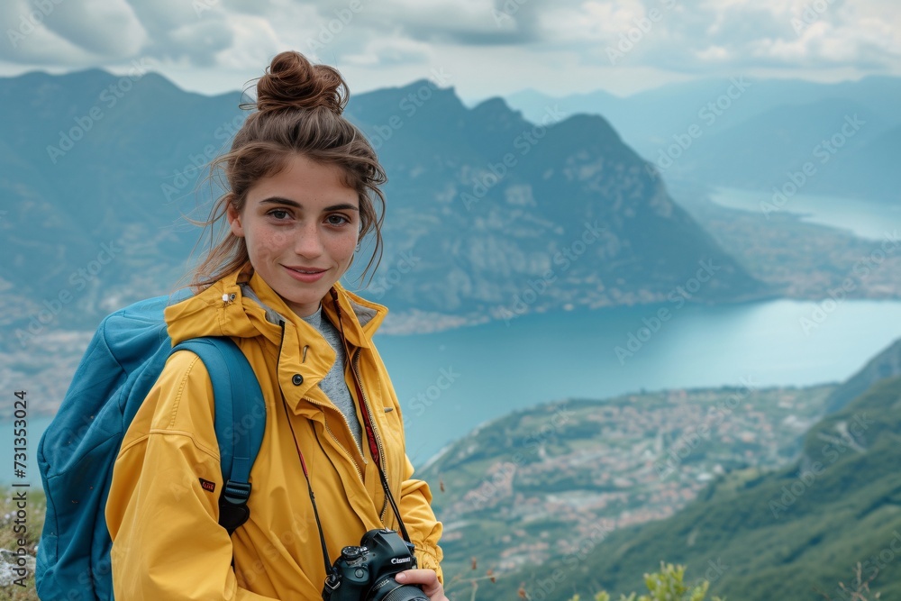 A girl, photographer is enjoying the view from a top of a mountain and holding a camera