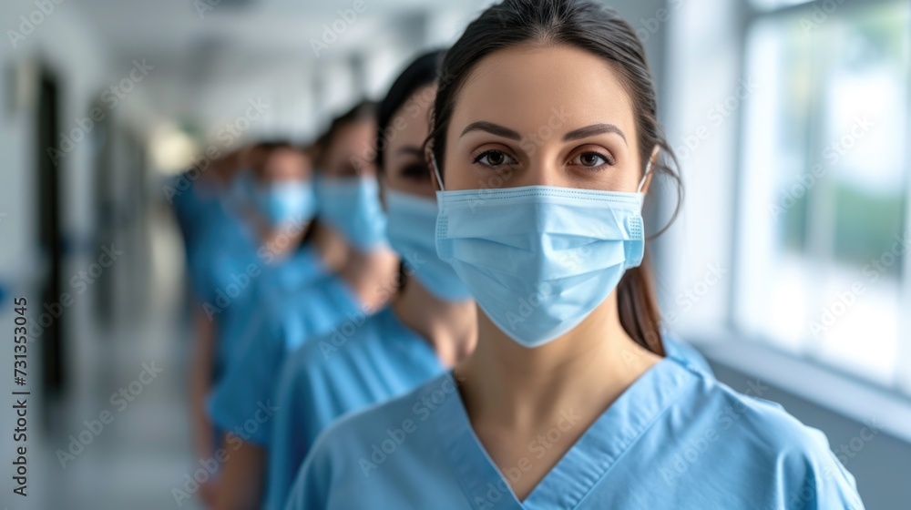 Confident Female Leader at the Forefront, Team in Tow, Illuminated by the Hospital's Natural Light. Confident Female Leader at the Forefront, Team in Tow, Illuminated by the Hospital's Natural Light.
