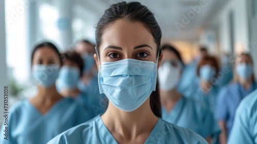 Striking Healthcare Professional Leads with Authority, Her Team Lined Up in the Softly Lit Background.