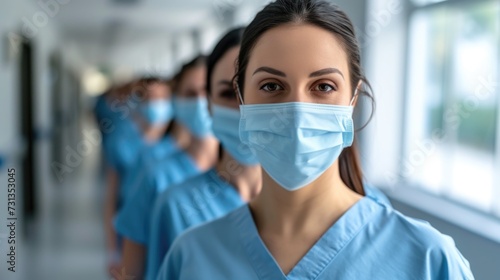 Confident Female Leader at the Forefront, Team in Tow, Illuminated by the Hospital's Natural Light.