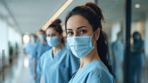 Confident Female Leader at the Forefront, Team in Tow, Illuminated by the Hospital's Natural Light.