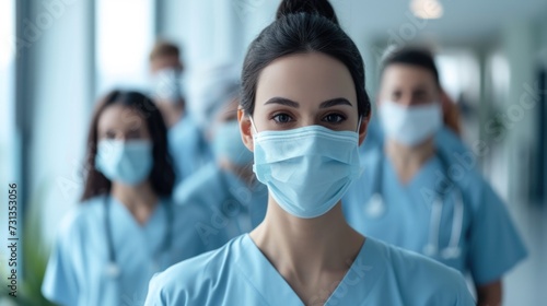 A Female Healthcare Leader Commands Attention in Blue Scrubs, Leading Her Team Through the Bright Hospital Corridor.