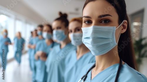 A Female Healthcare Leader Commands Attention in Blue Scrubs, Leading Her Team Through the Bright Hospital Corridor.
