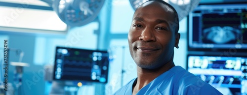 Experienced African American Surgeon in Operating Room, His Smile Reflecting Confidence and Care.