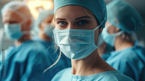 Blonde Female Surgeon Ready for Surgery, Her Team Arrayed Behind in the Gleam of the OR.