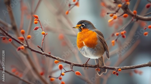 A robin perched on a bare branch, framed by budding twigs