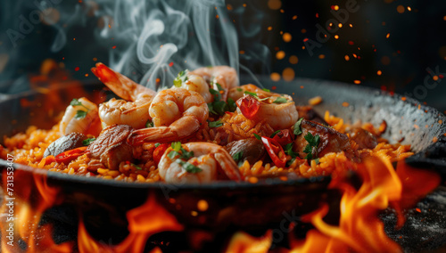 a dish of meat, seafood and shrimp with rice sitting on flames