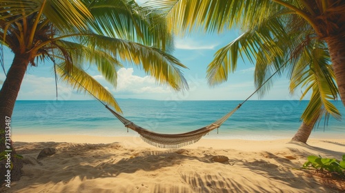 A serene beach scene with a hammock between palms © olegganko