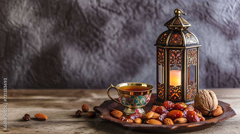 Fototapeta premium Ramadan Kareem Islamic greeting card with lantern, dried dates, nuts, cup of tea