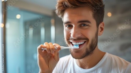 A handsome young man brushes his teeth and looks smiling at his reflection in...