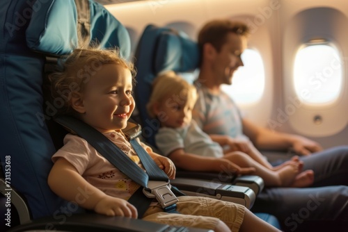 Little boy with parents traveling on airplane 