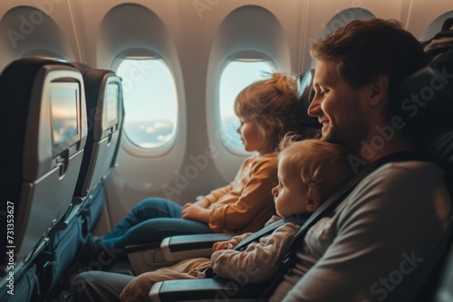 Little boy with parents traveling on airplane 