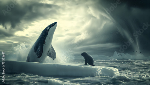 An orca is leaping from a frigid ocean, predating a seal, with rays of light piercing through a tempestuous and cloud-filled sky.