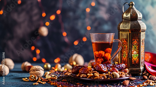 Ramadan Kareem Islamic greeting card with lantern, dried dates, nuts, cup of tea