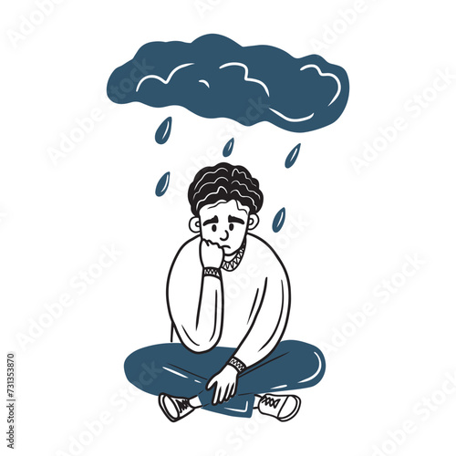 Boy with a curly volume hair sitting in bad mood under the cloud with rain drops falling. Concept of depression, psychology, therapy, autism, loneliness. Hand drawn vector doodle illustration.
