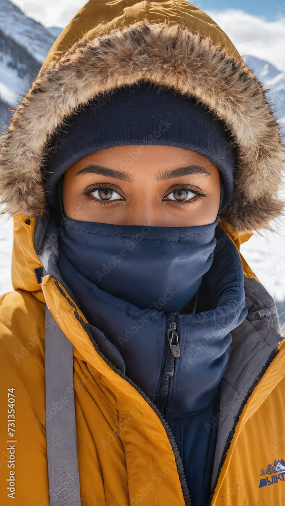 Winter Wonderland: BIPOC Person Outdoors in Snowy Mountains Wearing Stylish Winter Clothing - Diverse Outdoor Winter Scenery, Snowy Landscape with Mountain Peaks, Cold Weather Outdoor Fashion