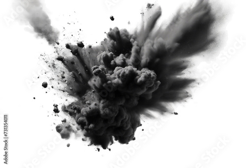 Black powder explosion charcoal dust texture isolated on white background