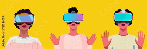 A collection of women wearing virtual reality glasses 