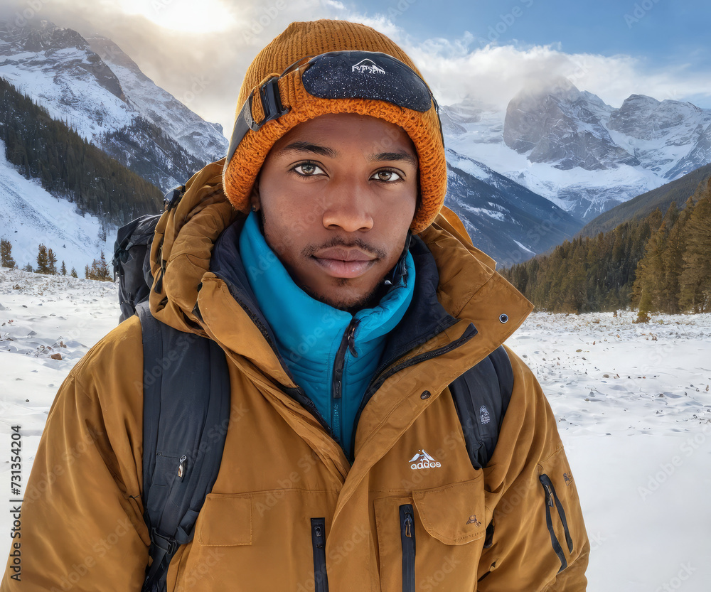 Winter Wonderland: BIPOC Person Outdoors in Snowy Mountains Wearing Stylish Winter Clothing - Diverse Outdoor Winter Scenery, Snowy Landscape with Mountain Peaks, Cold Weather Outdoor Fashion Winter Wonderland: BIPOC Person Outdoors in Snowy Mountains Wearing Stylish Winter Clothing - Diverse Outdoor Winter Scenery, Snowy Landscape with Mountain Peaks, Cold Weather Outdoor Fashion
