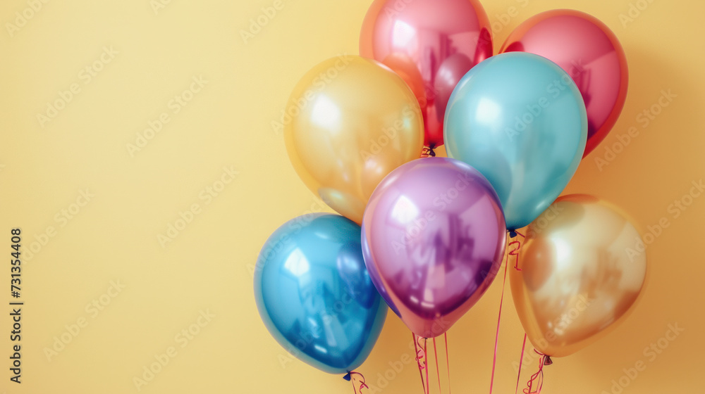 colorful foil balloons on a pastel yellow background card with copy space