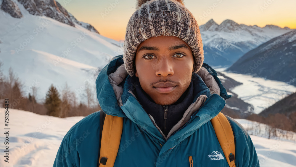 Winter Wonderland: BIPOC Person Outdoors in Snowy Mountains Wearing Stylish Winter Clothing - Diverse Outdoor Winter Scenery, Snowy Landscape with Mountain Peaks, Cold Weather Outdoor Fashion Winter Wonderland: BIPOC Person Outdoors in Snowy Mountains Wearing Stylish Winter Clothing - Diverse Outdoor Winter Scenery, Snowy Landscape with Mountain Peaks, Cold Weather Outdoor Fashion