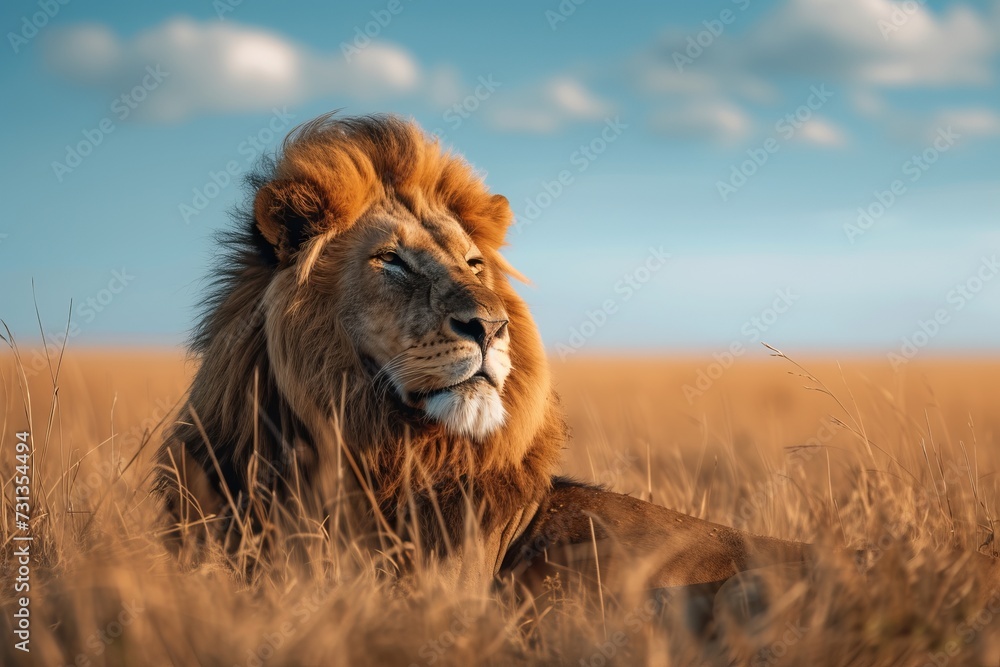 Fototapeta premium A Lion Laying in a Field of Tall Grass