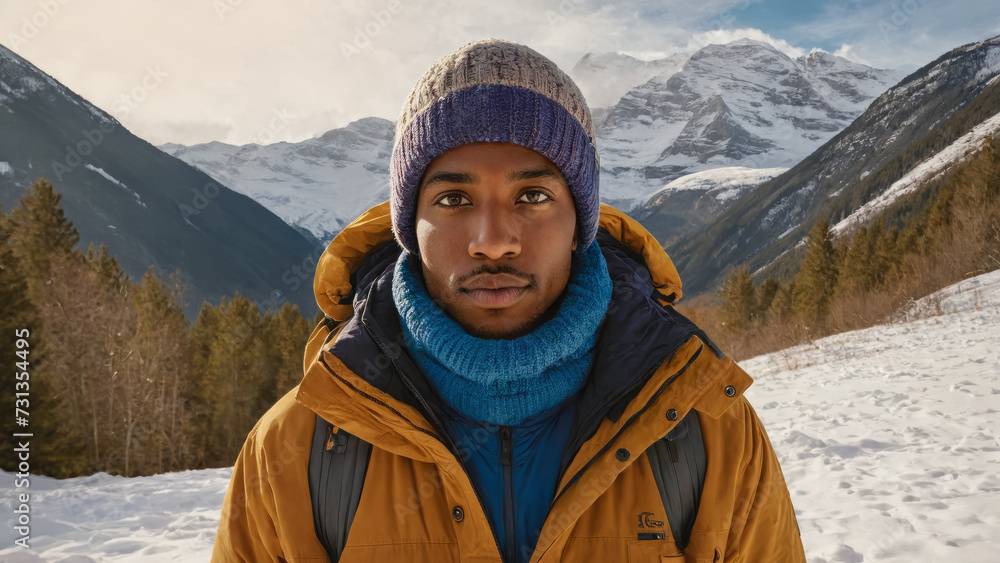 Winter Wonderland: BIPOC Person Outdoors in Snowy Mountains Wearing Stylish Winter Clothing - Diverse Outdoor Winter Scenery, Snowy Landscape with Mountain Peaks, Cold Weather Outdoor Fashion Winter Wonderland: BIPOC Person Outdoors in Snowy Mountains Wearing Stylish Winter Clothing - Diverse Outdoor Winter Scenery, Snowy Landscape with Mountain Peaks, Cold Weather Outdoor Fashion