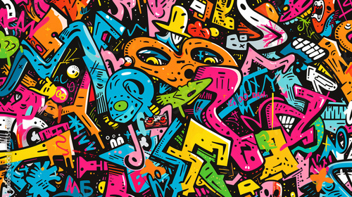 A dynamic seamless pattern of graffiti art that captures the essence of urban expression. Vibrant colors and bold statements intersect and blend together  creating a visually striking compos